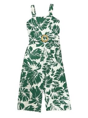 Modcloth Monteau Banana Leaf Palm Green Linen Blend Crop Wide Leg Jumpsuit